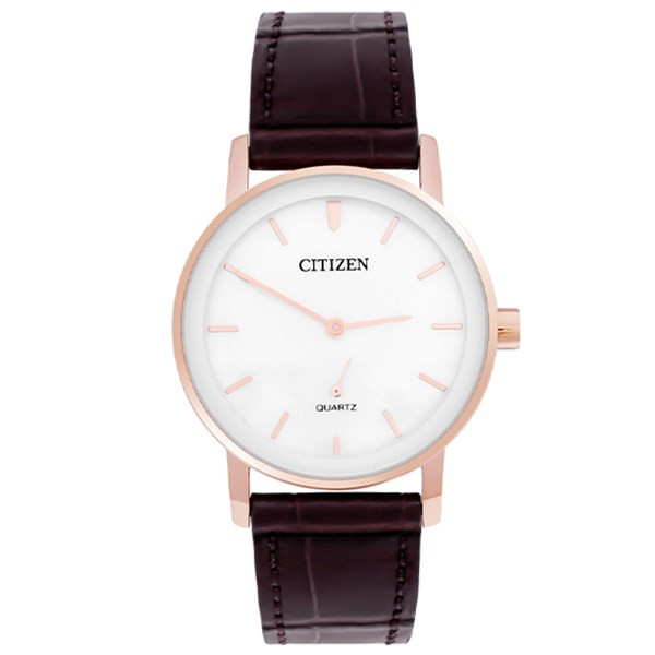 Đồng hồ Citizen nữ mặt tròn dây da EQ9063-04D tối giản, màu trắng trang nhã.
