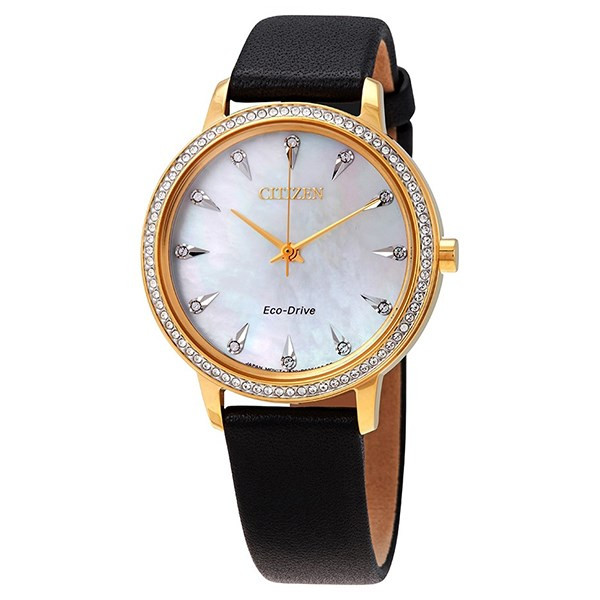 Mẫu đồng hồ Citizen nữ mặt tròn dây da FE7042-07D với viền đính đá sang trọng.