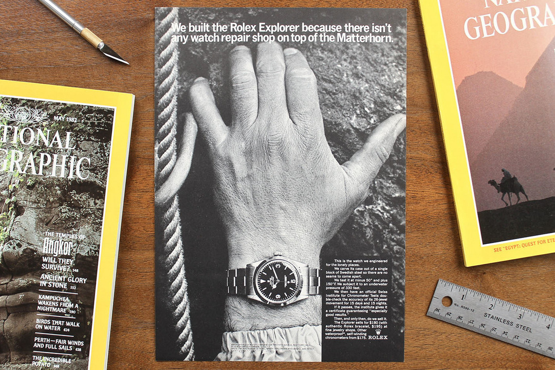 Hình ảnh quảng cáo đồng hồ Rolex Explorer trên đỉnh Matterhorn năm 1966.