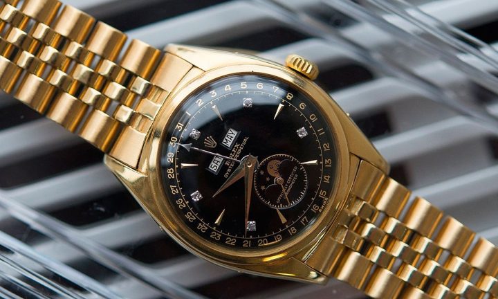 Mặt số đen đính kim cương của chiếc đồng hồ Rolex Reference 6062 thuộc sở hữu vua Bảo Đại, thể hiện sự sang trọng và độc đáo của kiệt tác đồng hồ Hoàng gia