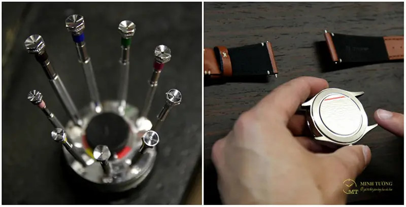 Thao tác tháo dây đồng hồ đeo tay bằng dụng cụ chuyên dụng