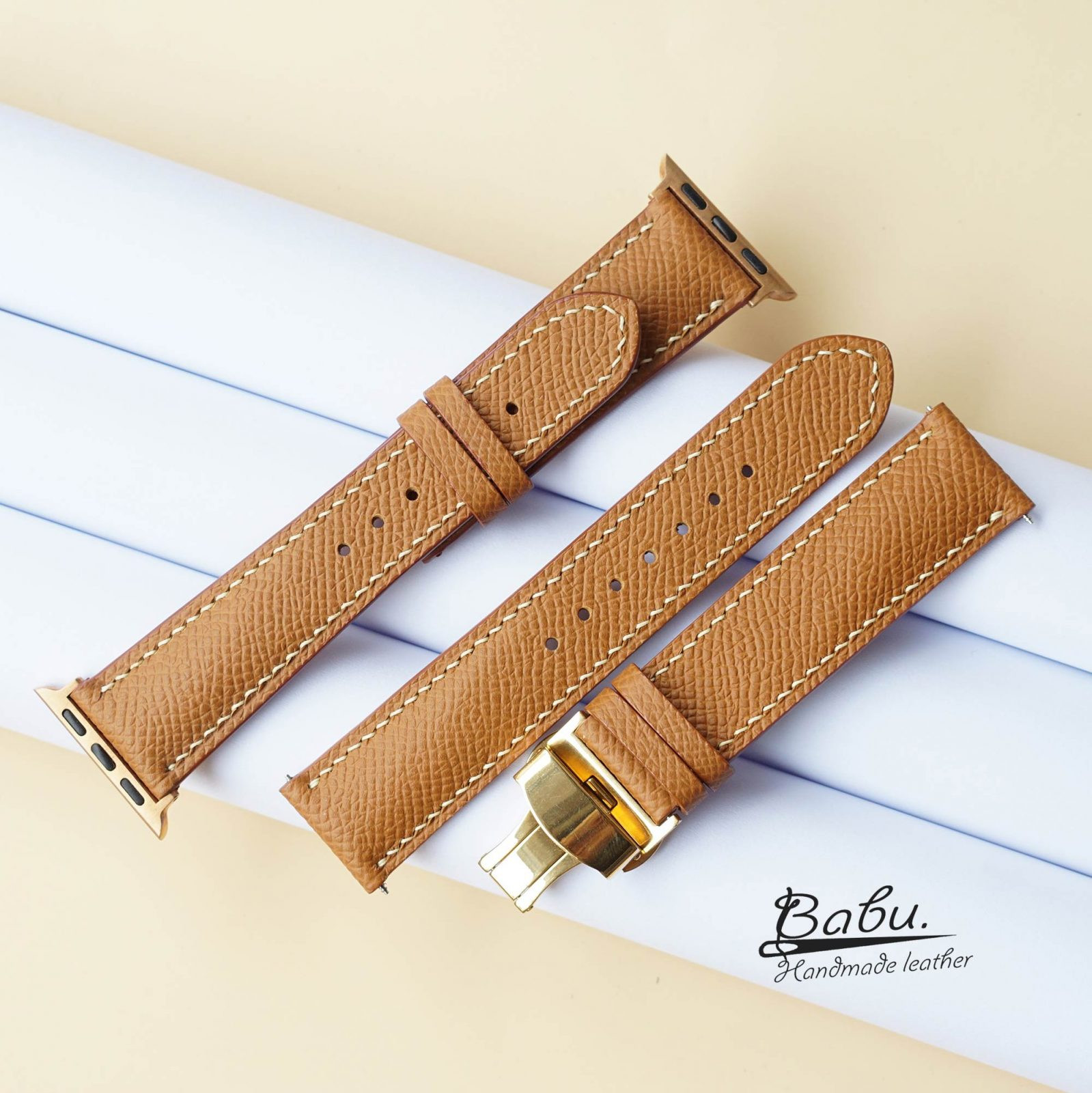 Cách nhận biết dây da đồng hồ xịn, hình ảnh dây da bò Epsom Fossil màu nâu vàng cao cấp