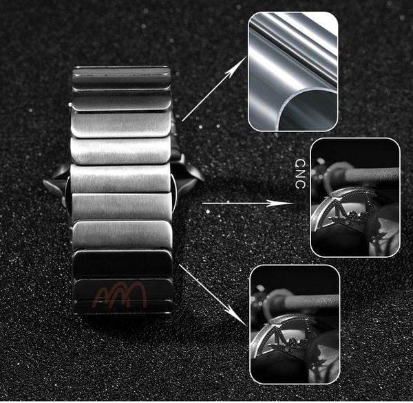 Tổng thể đồng hồ Apple Watch dây kim loại khi đeo trên tay