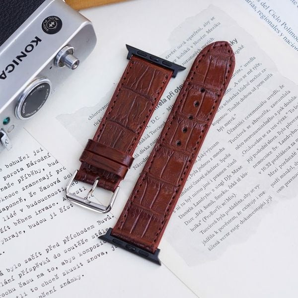 Dây đồng hồ Apple Watch da cá sấu thật handmade, màu nâu đẳng cấp