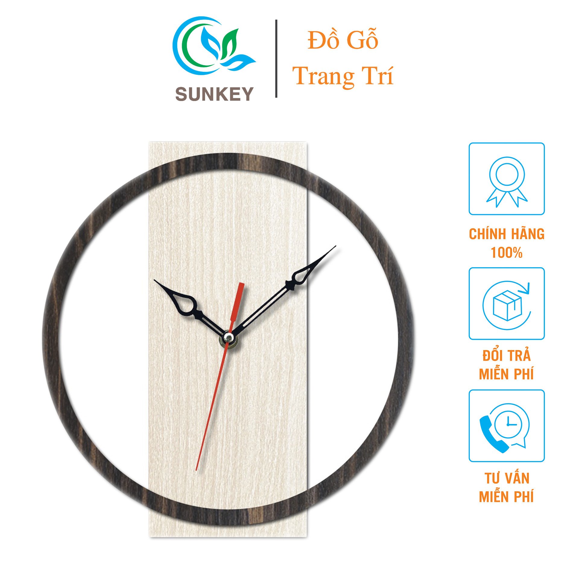 Đồng hồ treo tường hiện đại, tối giản trên tường phòng khách, thể hiện công dụng trang trí nội thất.
