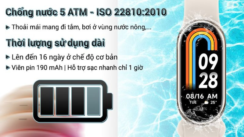 Minh họa thời lượng pin lên đến 16 ngày của Xiaomi Mi Band 8, mẫu đồng hồ thông minh pin trâu