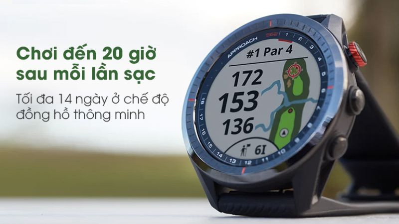 Hình ảnh minh họa khả năng hoạt động lâu dài của Garmin Approach S62, đồng hồ thông minh cho golf thủ