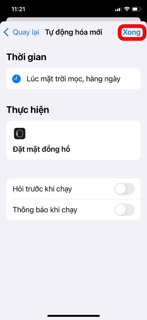 Hoàn tất cài đặt tự động đổi mặt đồng hồ Apple Watch theo thời gian