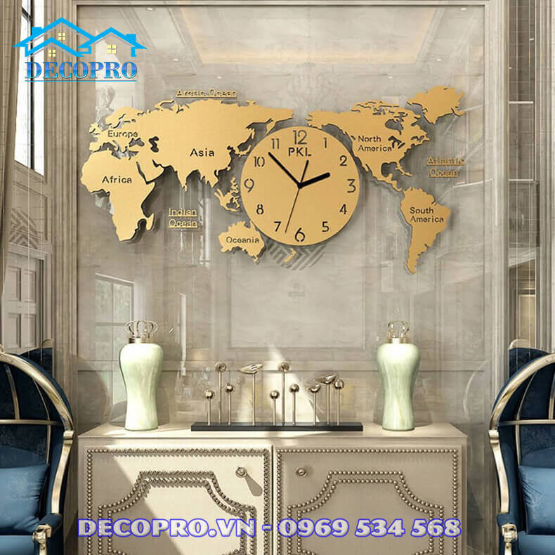 Thiết kế đồng hồ bản đồ thế giới treo tường với chất liệu cao cấp, mang vẻ đẹp tinh tế