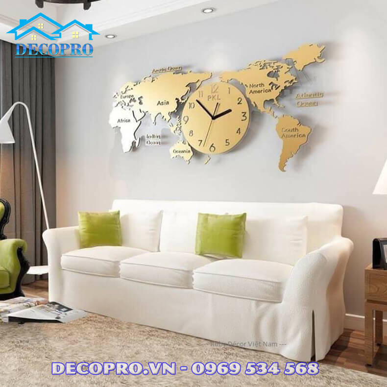 Đồng hồ bản đồ thế giới kết hợp hài hòa với không gian nội thất đương đại