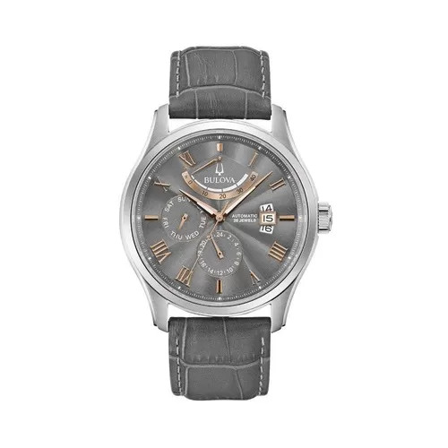 Đồng hồ Bulova Automatic 96C143 nam với dây đồng hồ Bulova chính hãng da xám, hiển thị lộ máy.