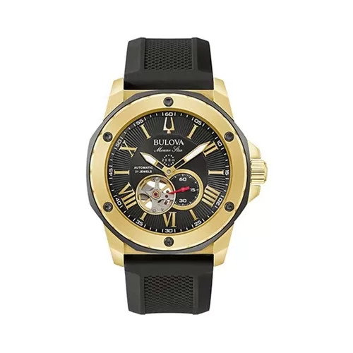 Chi tiết thiết kế mặt số và dây đồng hồ cao su silicone của đồng hồ Bulova Marine Star Automatic, nhấn mạnh vẻ đẹp bền bỉ.