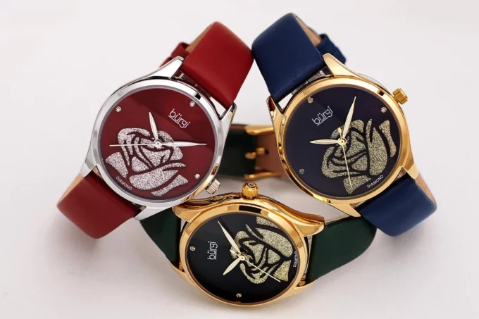 Thiết kế đồng hồ Burgi nữ với đá Swarovski sang trọng và mặt số nghệ thuật