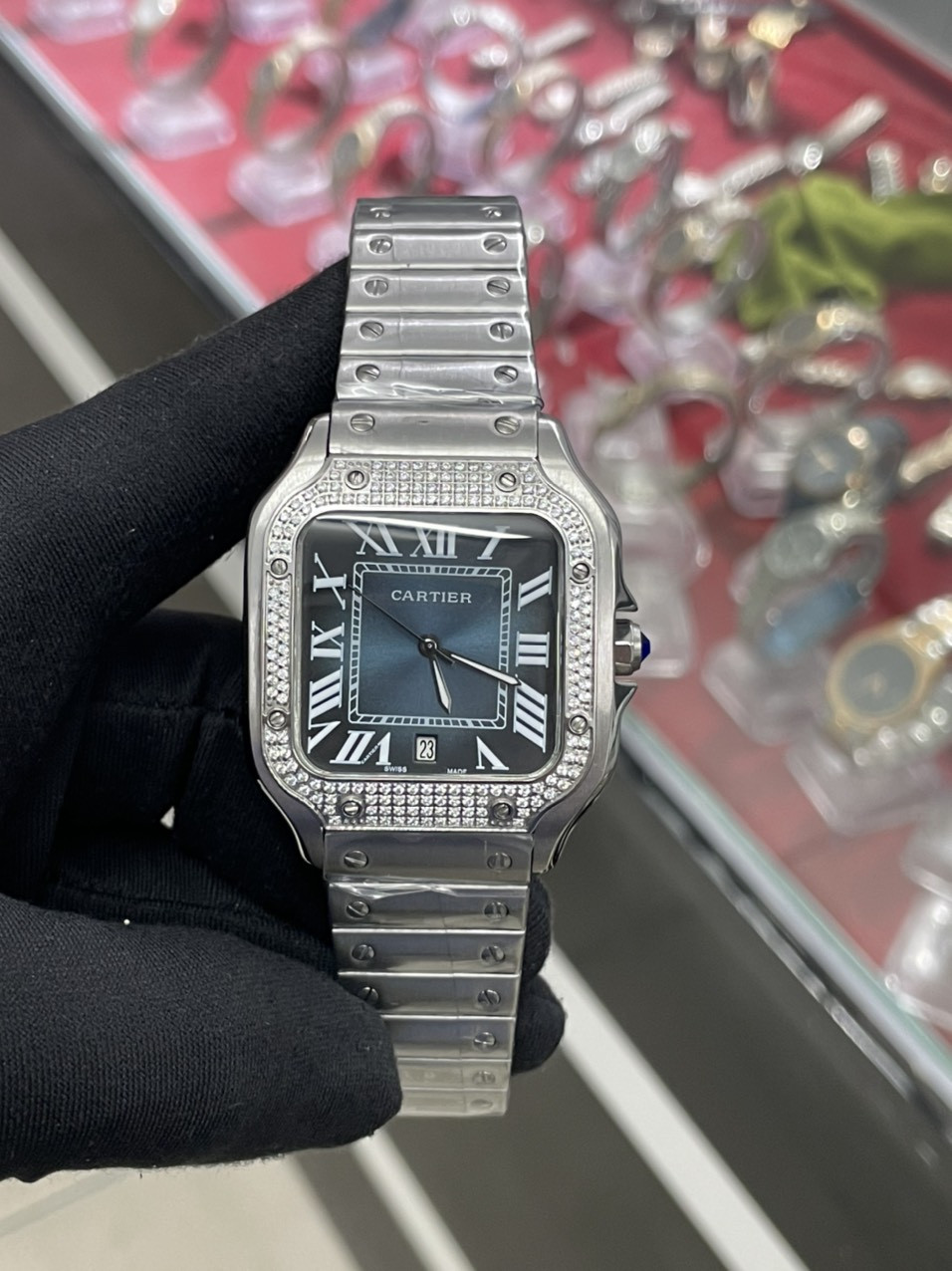 Đồng hồ Cartier Automatic nam mặt vuông đính đá thép không gỉ