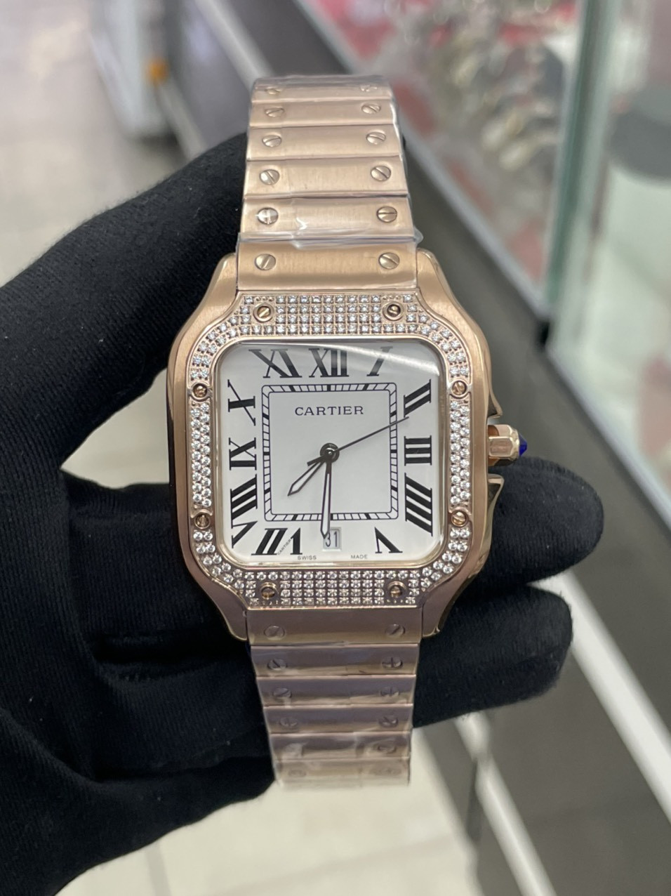 Đồng hồ Cartier mặt vuông đính đá nam máy cơ Automatic