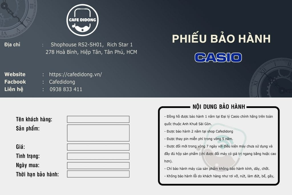 Phiếu bảo hành của shop đi kèm đồng hồ Casio, bổ sung thời gian bảo hành và cam kết chất lượng cho đồng hồ Casio chính hãng sale