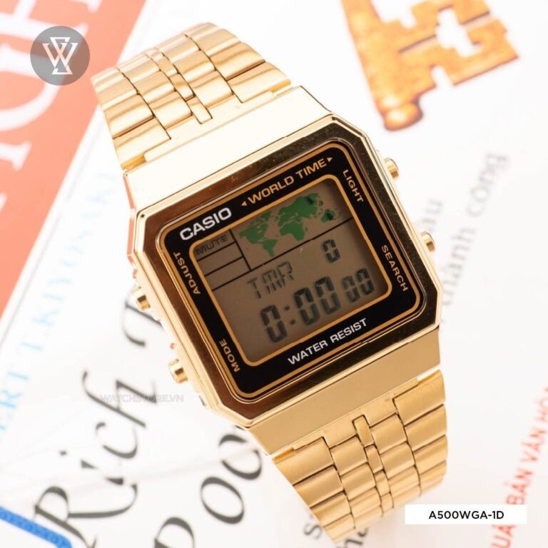 Đồng hồ Casio điện tử mạ vàng A500WGA-1DF nam tính với bản đồ thế giới