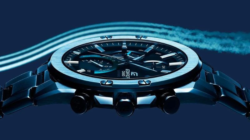 Chi tiết vỏ thép không gỉ và mặt kính khoáng trên đồng hồ Casio Edifice WR100M, đảm bảo độ bền và khả năng chống nước.