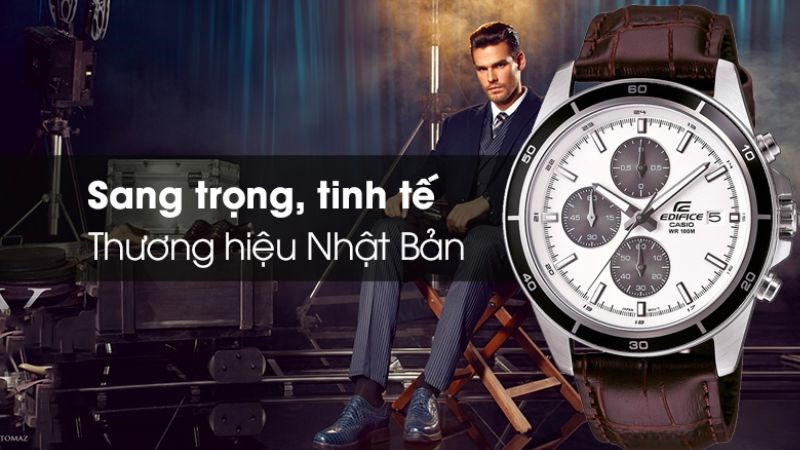 Đồng hồ Casio Edifice EFR-526L-7AVUDF nổi bật với dây da tổng hợp màu nâu lịch lãm, kết hợp tính năng lịch ngày tiện lợi.