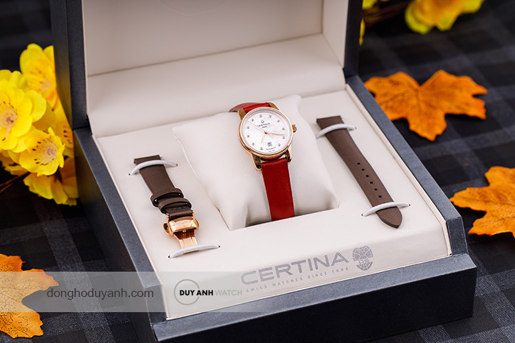 Đồng hồ Certina DS Podium Lady C001.007.36.116.02 với dây đeo đỏ và mặt số xà cừ