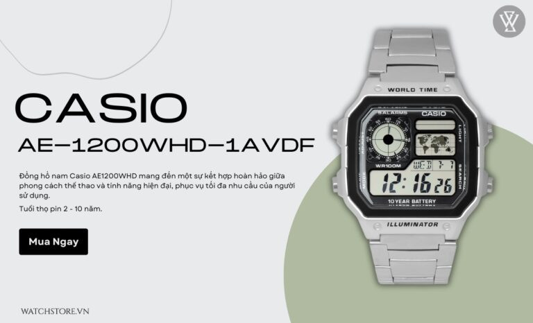 đồng hồ Casio AE-1200WHD-1AVDF cho dân chạy bộ, thiết kế vuông cổ điển