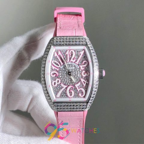 Đồng hồ Franck Muller màu hồng BST Vanguard với thiết kế Tonneau đặc trưng.