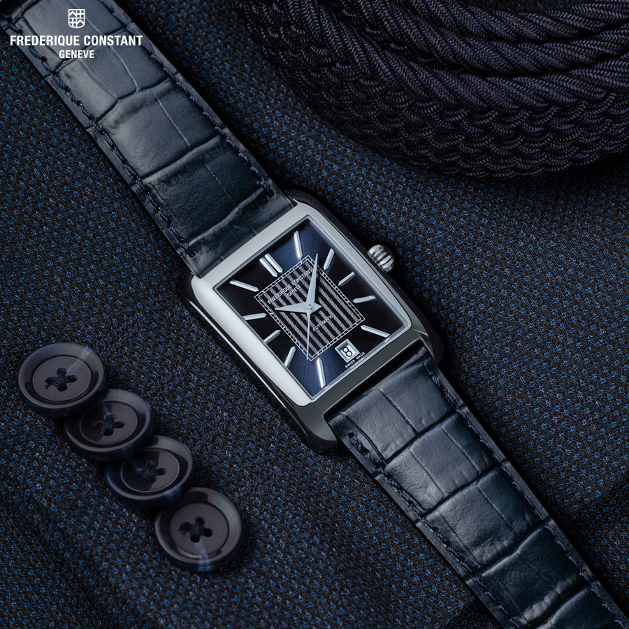 Phối màu xanh đen ấn tượng trên chiếc đồng hồ Frederique Constant mặt vuông FC-303N4C6