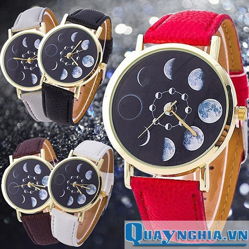 Đồng hồ mặt trăng giá rẻ dây da với thiết kế độc đáo và hiển thị chu kỳ mặt trăng.