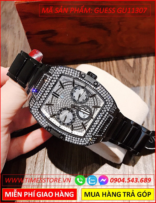 Đồng hồ nam Guess mặt chữ nhật đính đá với dây đeo kim loại đen