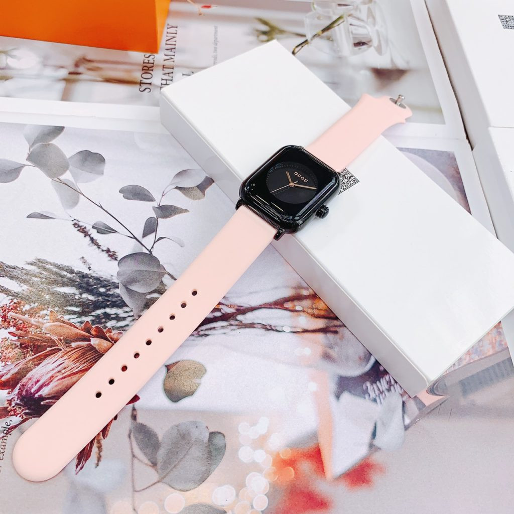 Đồng hồ dây cao su giá rẻ Guou nữ màu hồng pastel