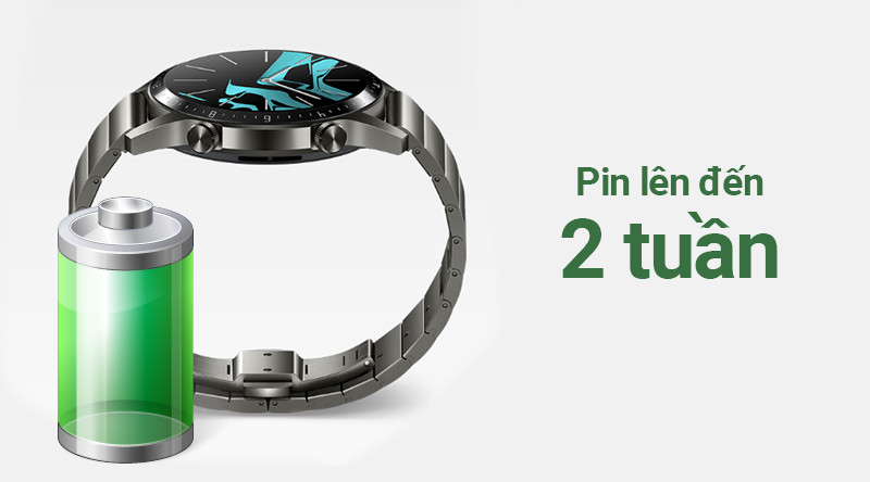 Đồng hồ thông minh Huawei Watch GT2 46mm hiển thị thời gian và các chỉ số sức khỏe, minh họa thời lượng pin dài