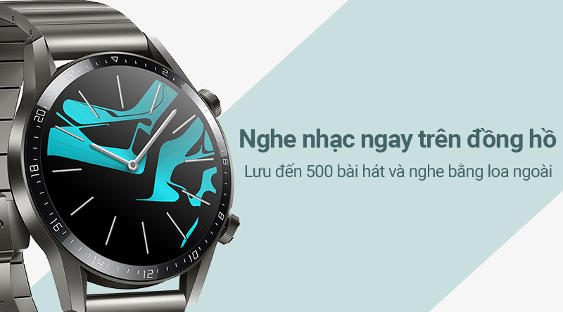 Huawei Watch GT2 46mm trên cổ tay, biểu tượng âm nhạc, cho thấy khả năng chơi nhạc độc lập không cần điện thoại