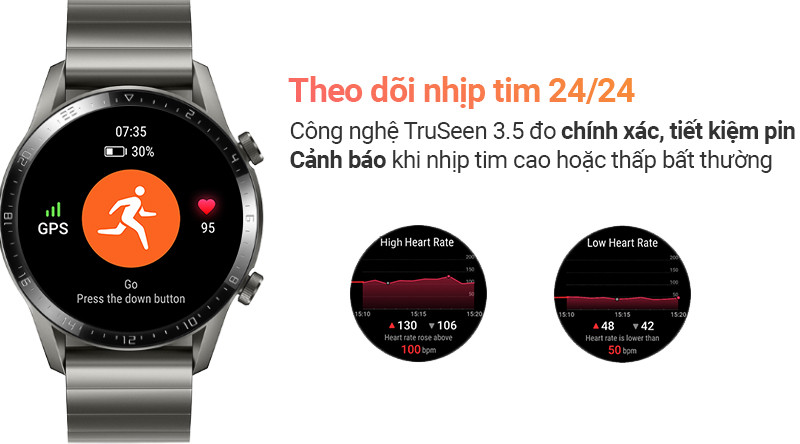 Cảm biến đo nhịp tim của Huawei Watch GT2 46mm trên cổ tay, minh họa tính năng theo dõi sức khỏe liên tục