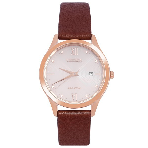 Đồng hồ Citizen nữ mặt tròn dây da EW2533-11X với công nghệ Eco-Drive và mặt hiển thị ngày.