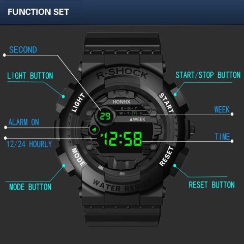 Đồng hồ điện tử đeo tay G-Shock với 4 nút chức năng cơ bản, minh họa cách điều chỉnh.