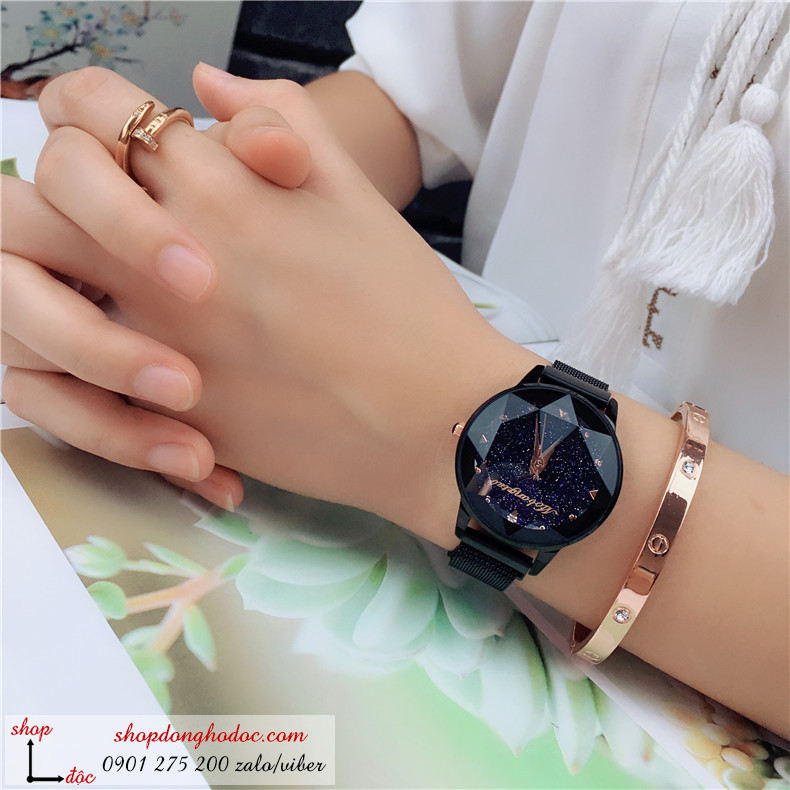 Đồng hồ Mobang nam châm nữ chính hãng dây kim loại lưới mặt tròn gợn sóng màu đen sang trọng