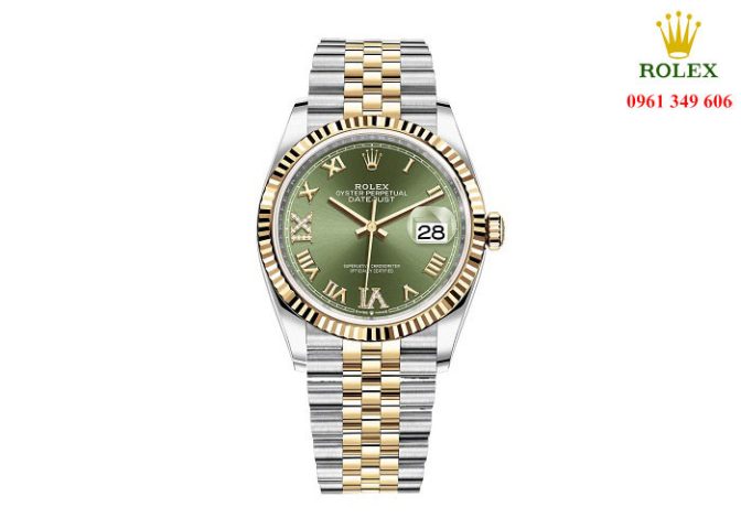 Đồng hồ đeo tay nam Rolex Datejust 126233-0025 với mặt số xanh olive và kim vàng 18K