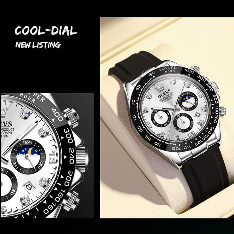 Cận cảnh mặt số đồng hồ thể thao nam Olevs VM 162 với các chức năng chronograph