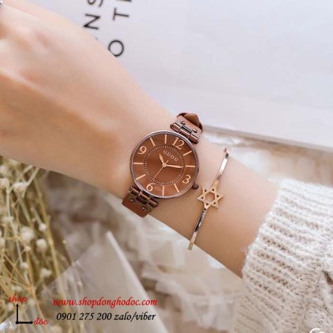 Mẫu đồng hồ nữ đẹp 2020 dây da mặt tròn nâu vintage của Guou, phong cách cổ điển