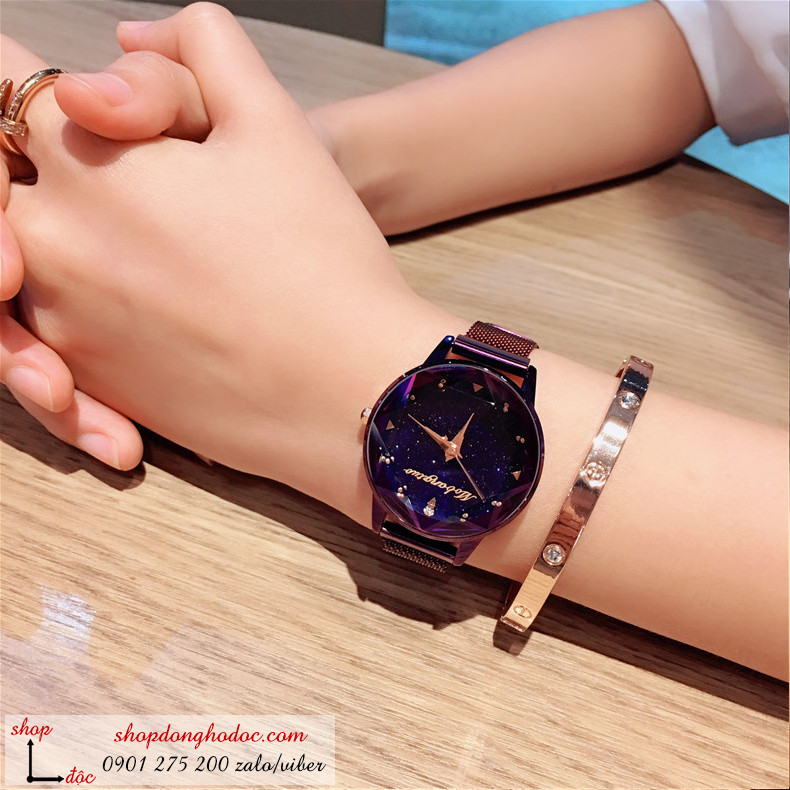 Đồng hồ nam châm nữ chính hãng Mobang dây kim loại lưới khóa nam châm mặt tròn gợn sóng màu tím thời thượng