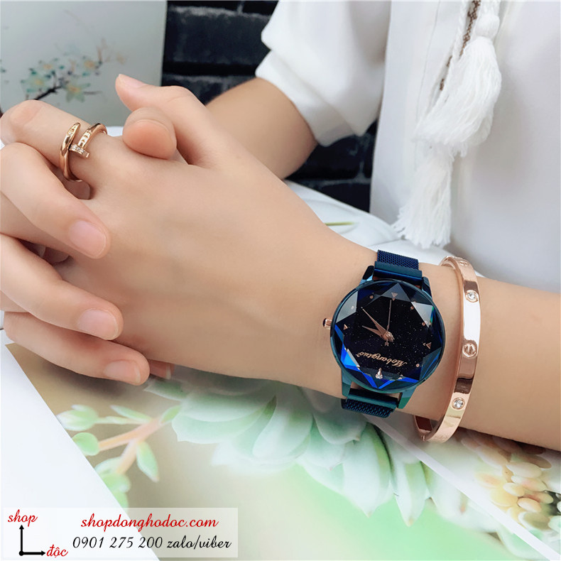 Đồng hồ nam châm nữ chính hãng Mobang dây lưới khóa nam châm mặt tròn gợn sóng màu xanh sành điệu
