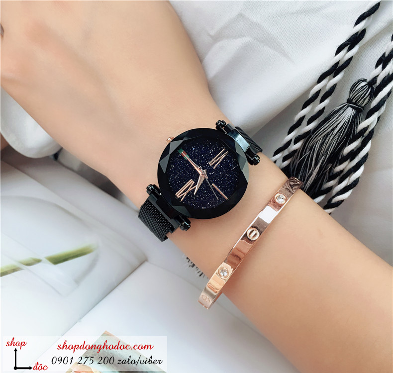 Đồng hồ nam châm nữ chính hãng dây kim loại lưới mặt tròn đen cá tính