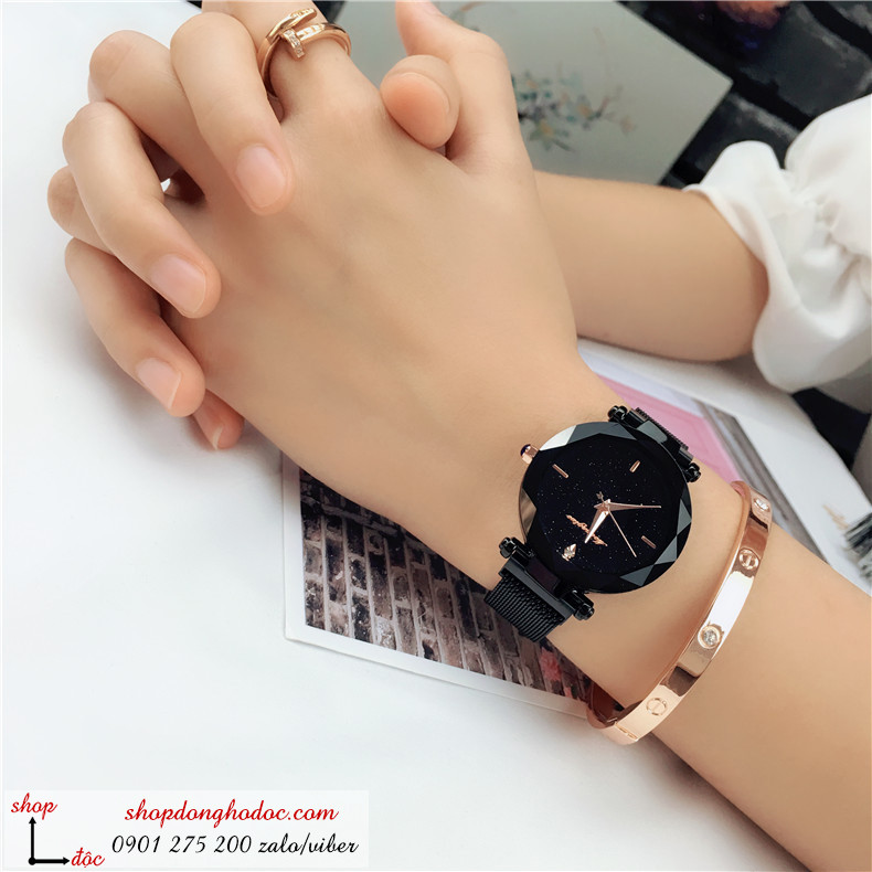 Đồng hồ nam châm nữ chính hãng dây kim loại lưới mặt tròn đen thời thượng