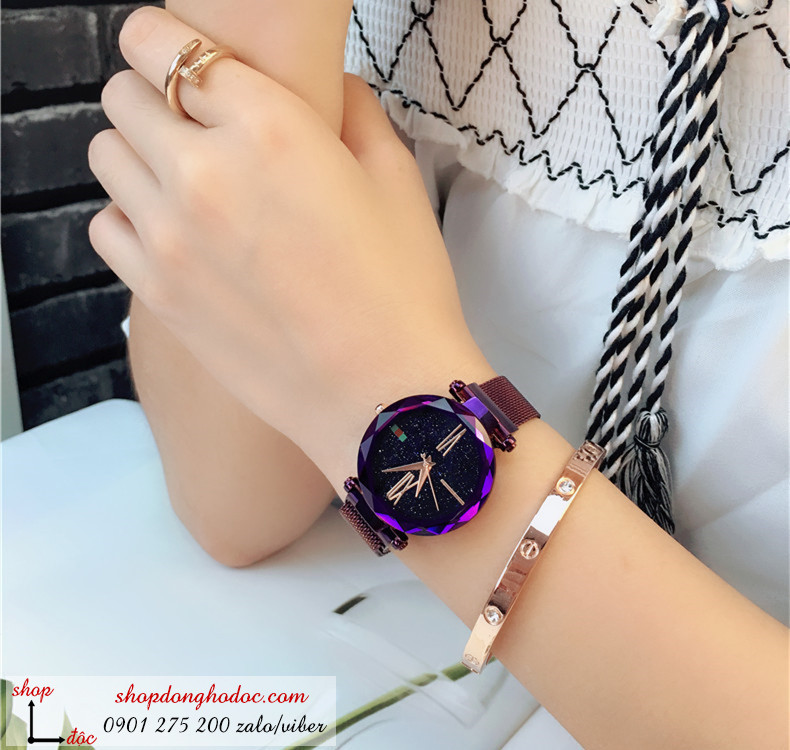 Đồng hồ nam châm nữ chính hãng dây kim loại lưới mặt tròn tím sành điệu