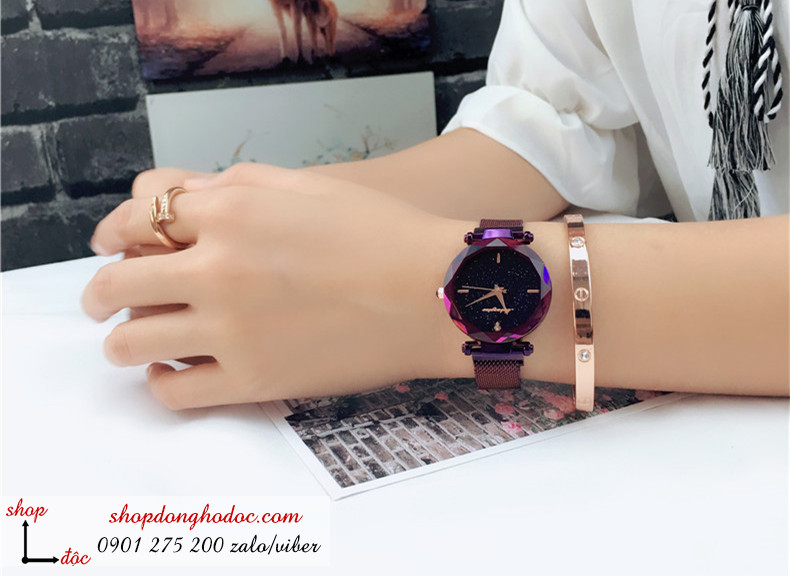 Đồng hồ nam châm nữ chính hãng dây kim loại lưới mặt tròn tím sành điệu