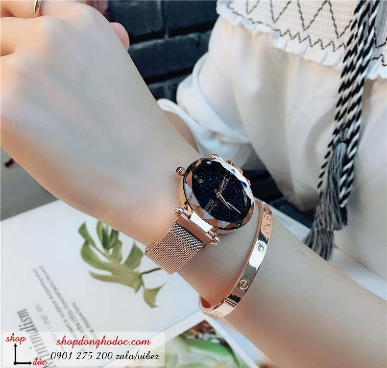 Đồng hồ nam châm nữ chính hãng dây lưới mặt tròn màu vàng