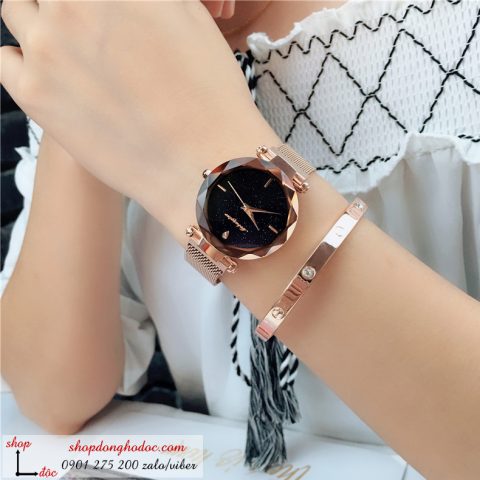 Đồng hồ nam châm nữ chính hãng dây kim loại lưới mặt tròn vàng sang chảnh