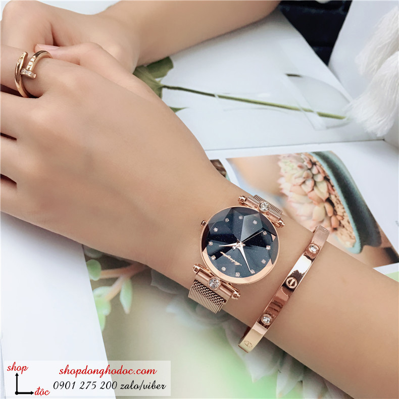 Đồng hồ nam châm nữ chính hãng dây kim loại mặt tròn gợn sóng vàng