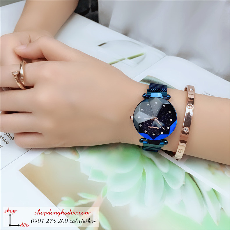 Đồng hồ nam châm nữ chính hãng dây kim loại mặt tròn gợn sóng xanh sành điệu