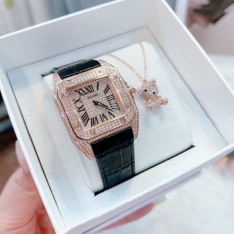 Đồng hồ đính đá mặt vuông X-Cer nữ dây da đen sang trọng